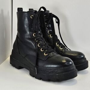 Call It Spring Black Combat Boots Side Zip Lace Up Cozy Women's Size 6.5
